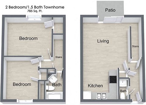 Floor plan for 2 beds, 1 bath, 748 sqft